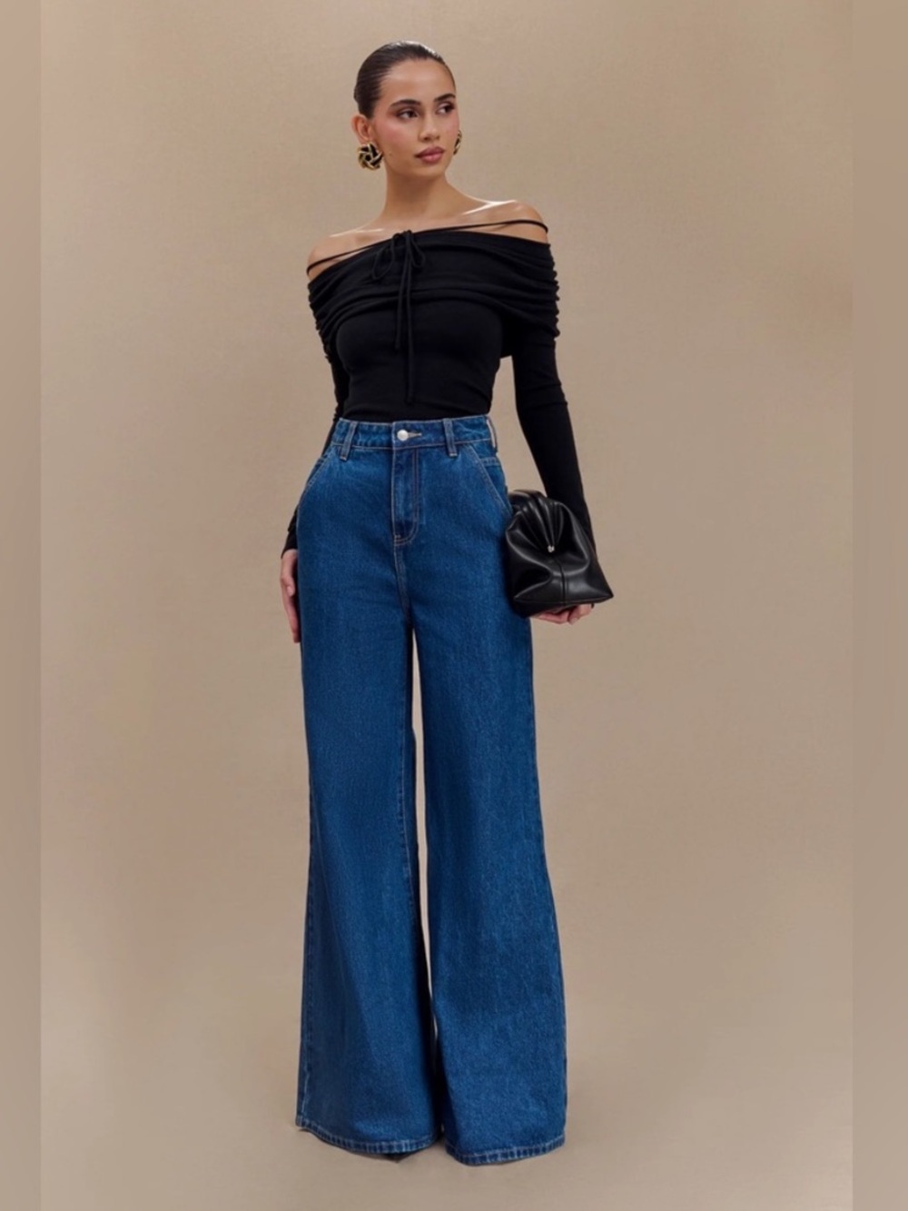 MESHKI Jen Wide Leg Flare Jeans Size 7 Dark Blue High Waist